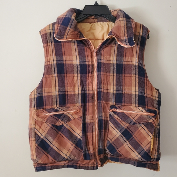 Vintage 70s Puffer Reversible Plaid Brown Zip Up Vest Mens Medium-Large - Picture 1 of 13